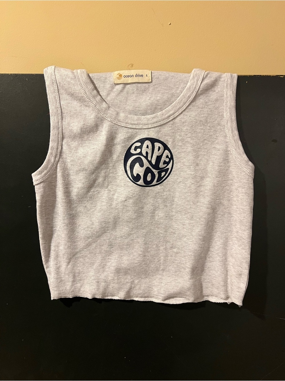 Ocean Drive White Tank Top with Navy "Cape Cod" Graphic